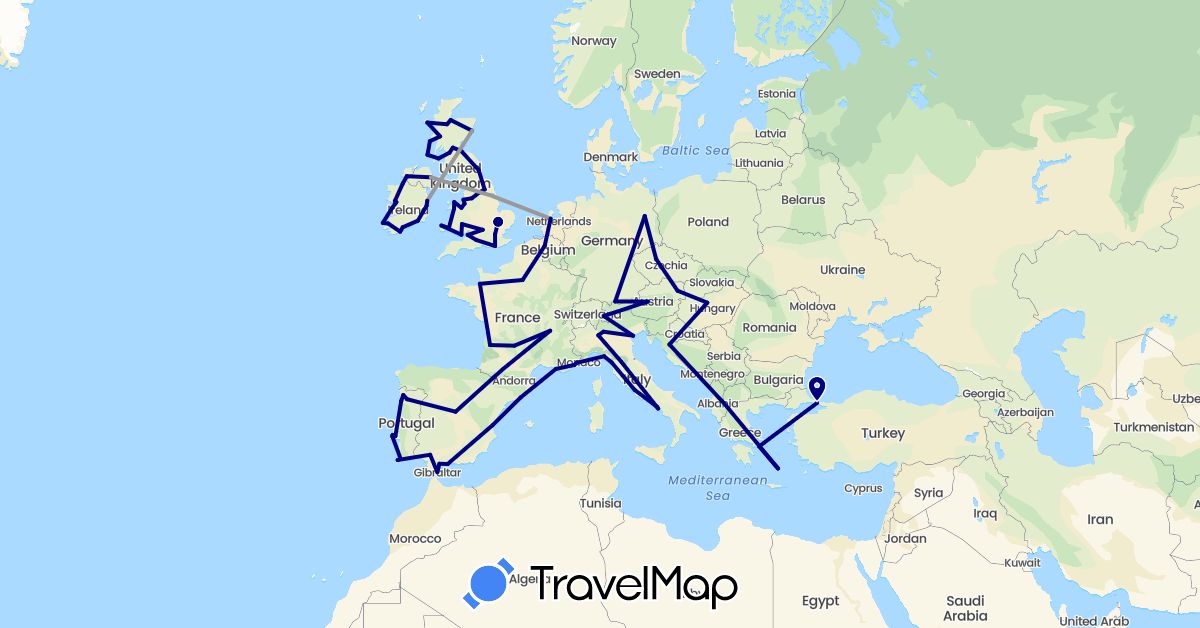 TravelMap itinerary: driving, plane in Austria, Belgium, Switzerland, Czech Republic, Germany, Spain, France, United Kingdom, Gibraltar, Greece, Croatia, Hungary, Ireland, Italy, Netherlands, Portugal, Turkey (Asia, Europe)